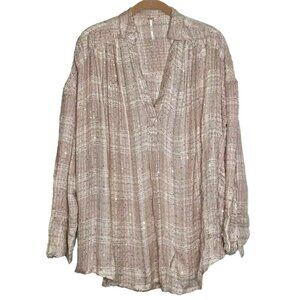 Free People Women's Fearless‎ Love Plaid Woven Shirt Beige/Pink Sequins XSmall